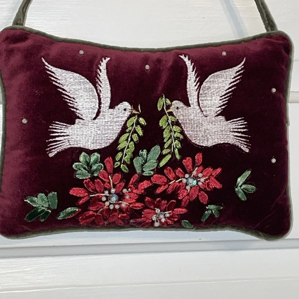 Vintage Maroon Velvet Ribbon Embroidery Rectangle Pillow Doves Hang Handle Strap